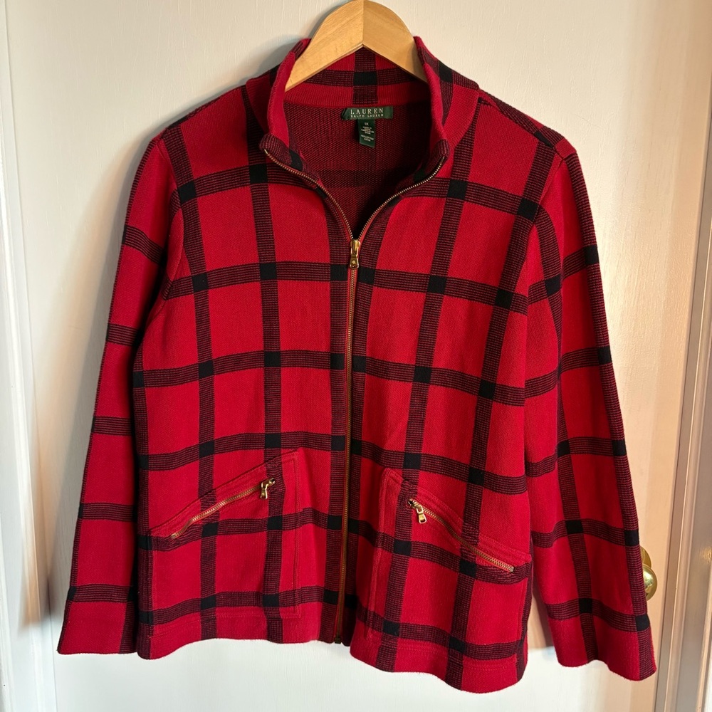 Lauren Ralph Lauren Red and Black Plaid Zip-Up Jacket Preppy Classic